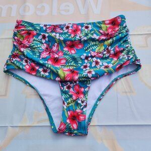 NEW M Women's Teal Floral Bikini Bottom High Waist Bathing Suit Beach Swimsuit
